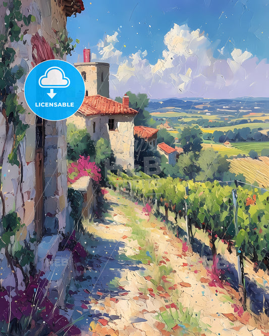 Cahors, France - A Painting Of A Vineyard And Buildings