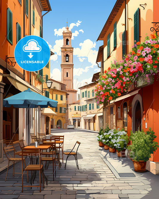 Modena, Italy - A Street With Tables And Chairs And Flowers On It