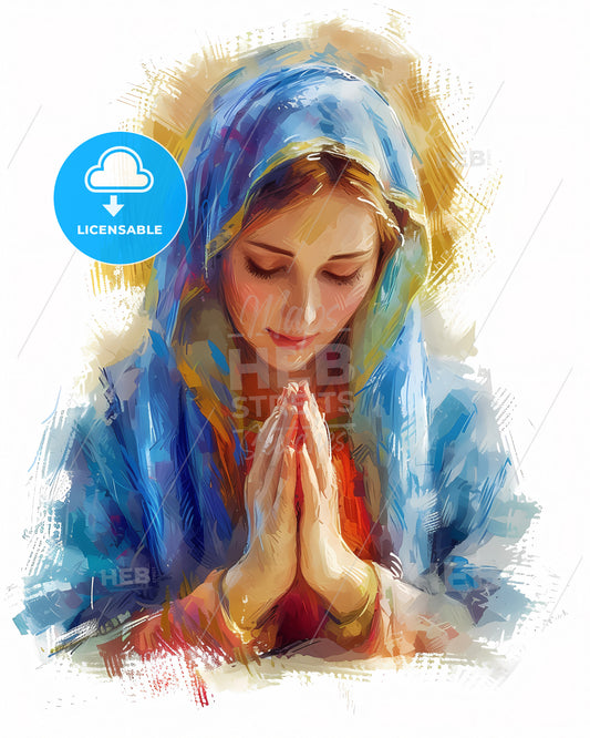 Mary Mother Of God Poster, Halo Above Her Head, Hands In Praying Sign - A Woman With A Blue Head Scarf Praying
