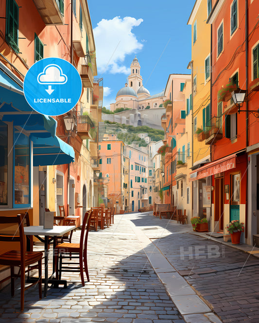 Genoa, Italy - A Street With Tables And Chairs In A City