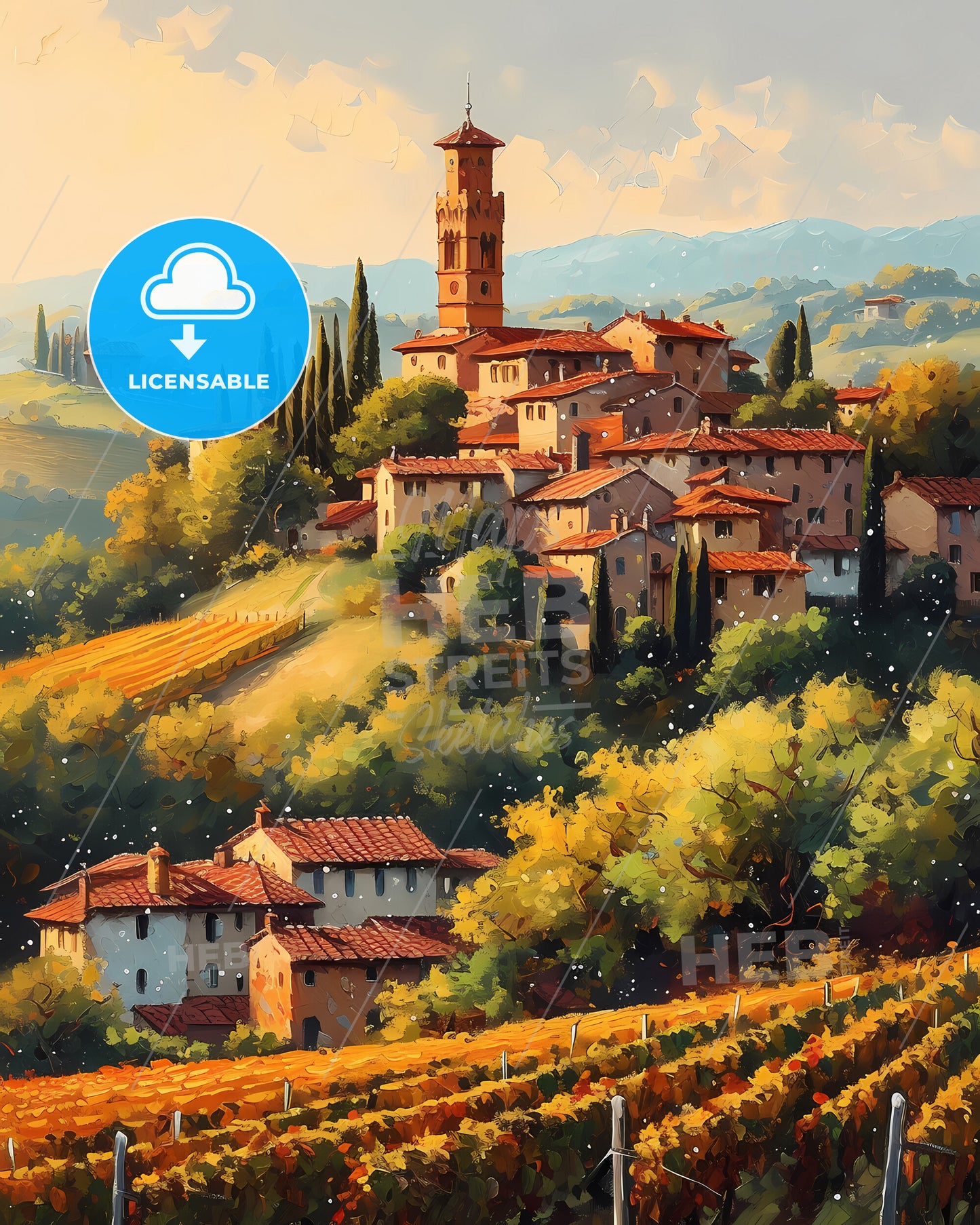 Tuscany, Italy - A Painting Of A Village On A Hill