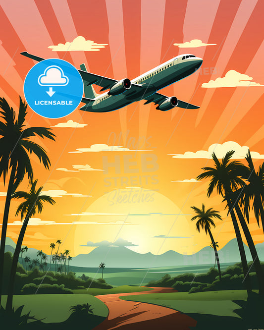 Retro Vintage Travel Poster Fly - An Airplane Flying Over Palm Trees