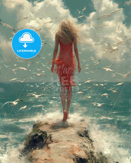 Beach Painting, Vintage Sea Landscape Print - A Woman In A Red Dress Standing On A Rock Surrounded By Seagulls