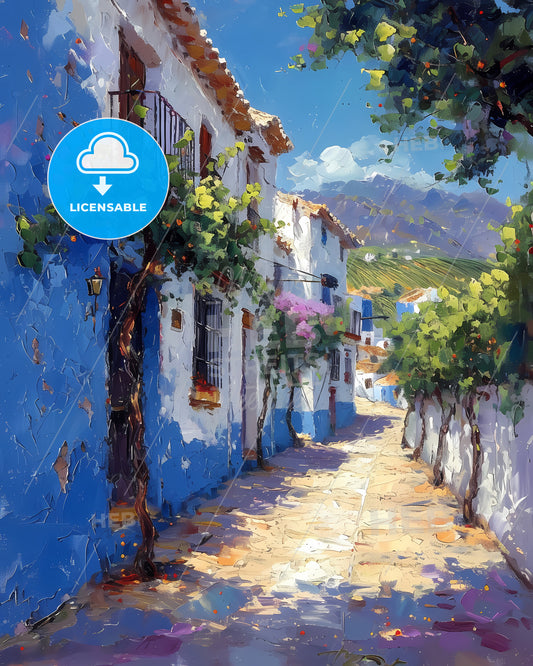Jerez-Xérí¨S-Sherry, Spain - A Painting Of A Street With White Buildings And Blue Walls