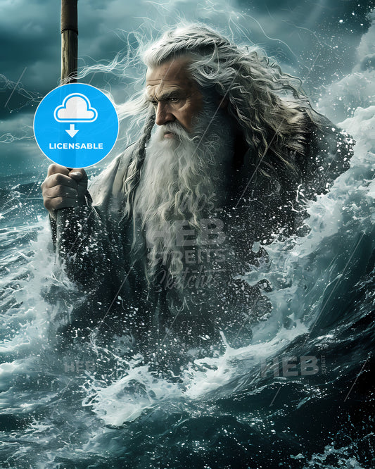 Movie Poster Moses Hoisting A Magic Staff Above His Head And Leading Many Israelites - A Man With Long White Hair And A Beard Holding A Staff In The Water