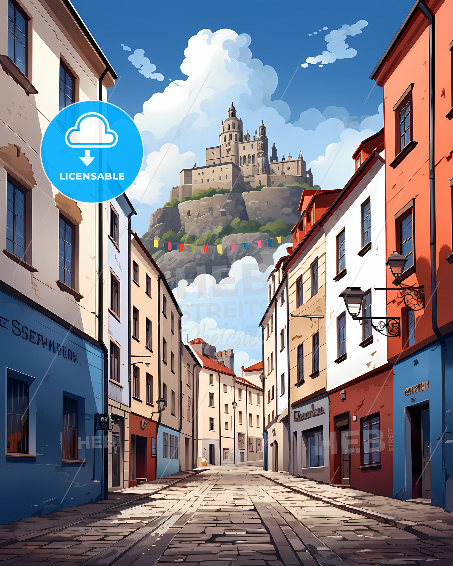 Olomouc, Czechia - A Street With Buildings And A Castle In The Distance