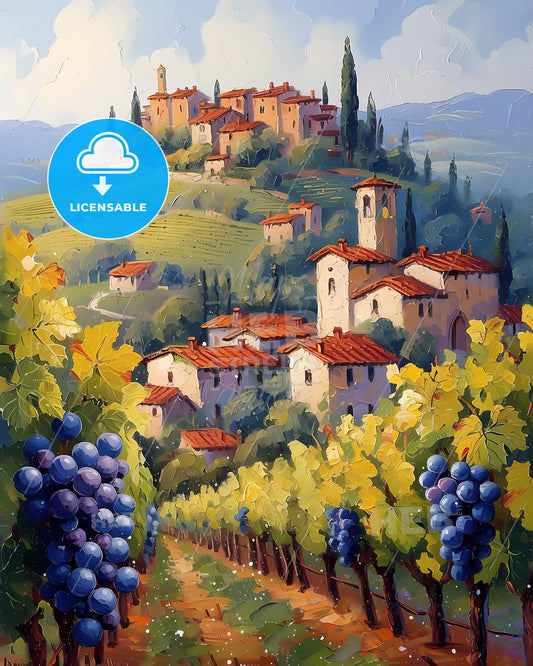 Tuscany, Italy - A Painting Of A Town On A Hill With Grapes