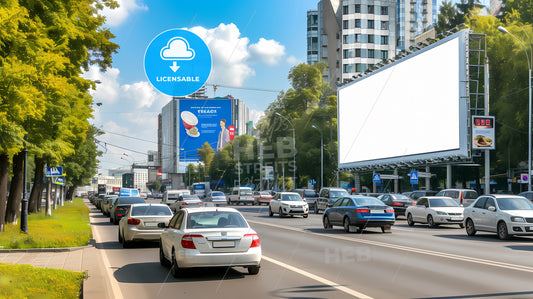 Advertising Billboard, Road - A Traffic On A Road With A Billboard