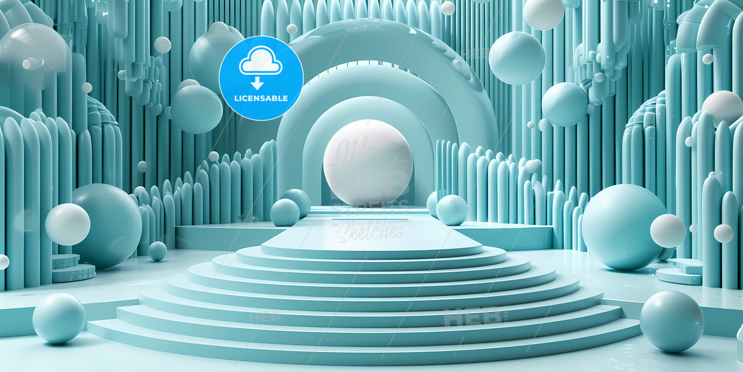 Abstract Minimal Green Geometric Background With Blank Square Card - A White Round Podium With A White Sphere In The Middle