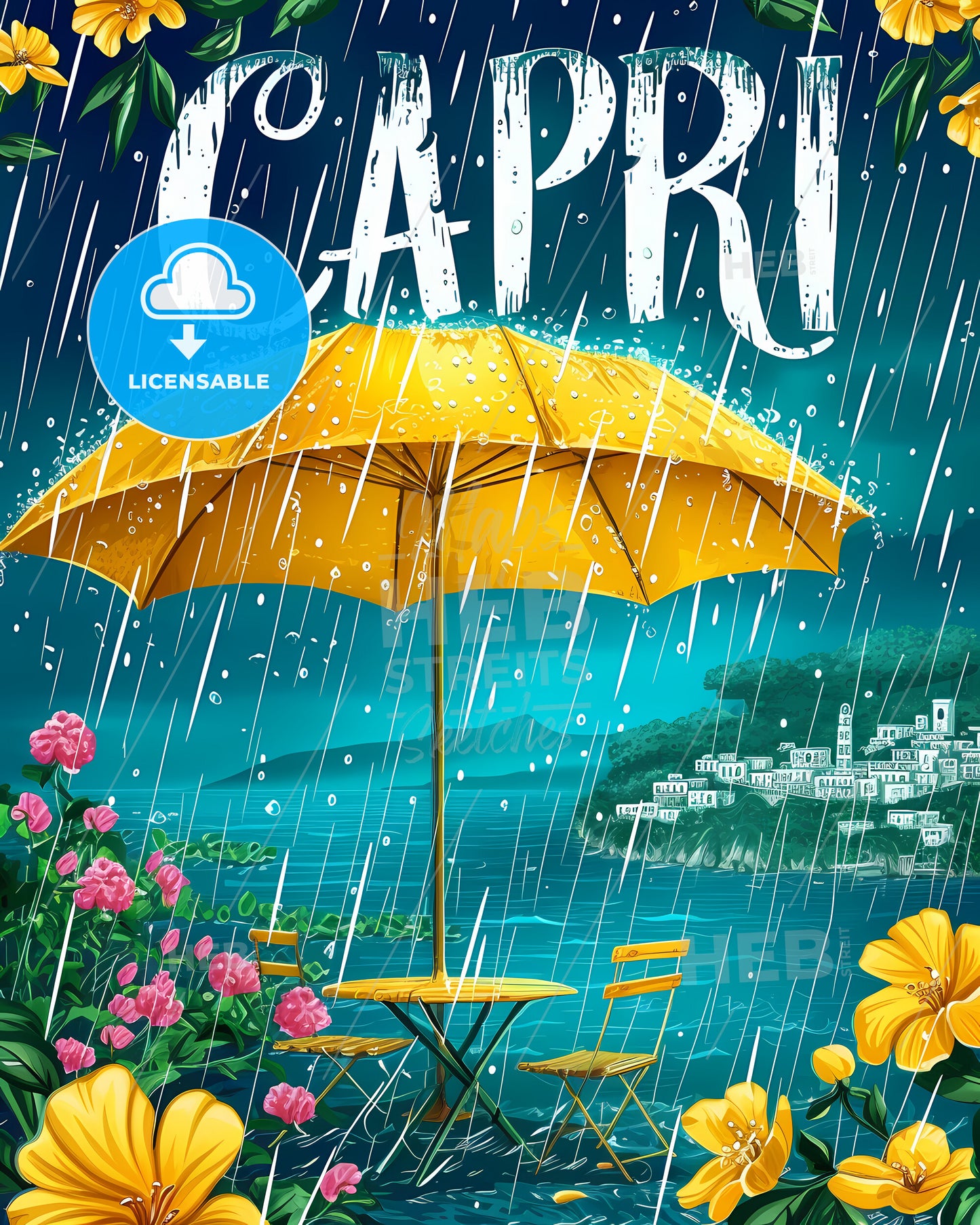 Capri Italy Poster With Text Capri In Bodony Font - A Poster Of A Rainy Day