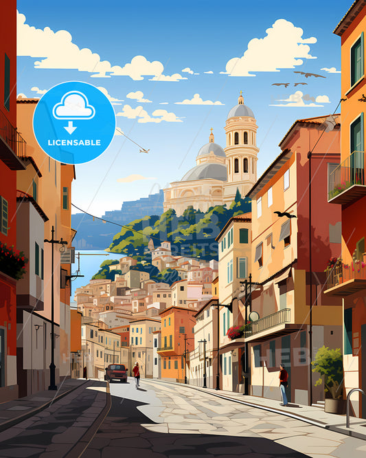 Genoa, Italy - A Street With Buildings And A Church In The Background