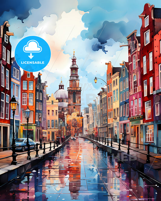 Amsterdam, Netherlands - A Watercolor Painting Of A Street With Buildings And A Church