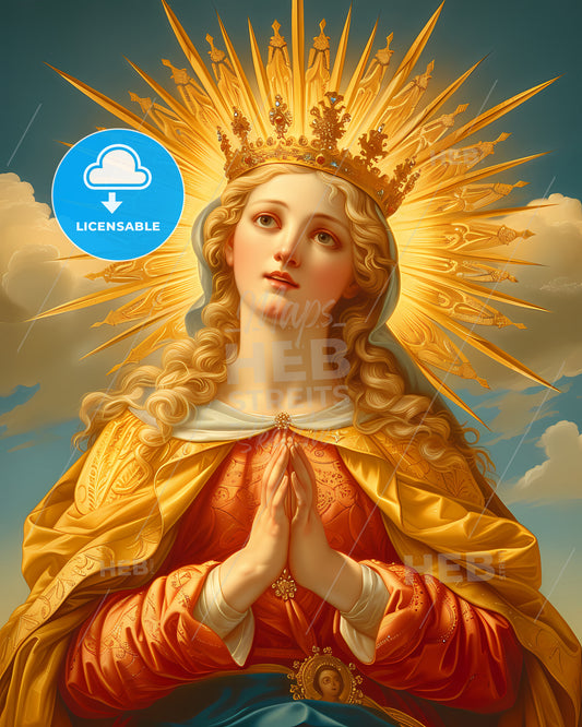 Mary Mother Of God Poster, Halo Above Her Head, Hands In Praying Sign - A Painting Of A Woman With A Crown And A Crown