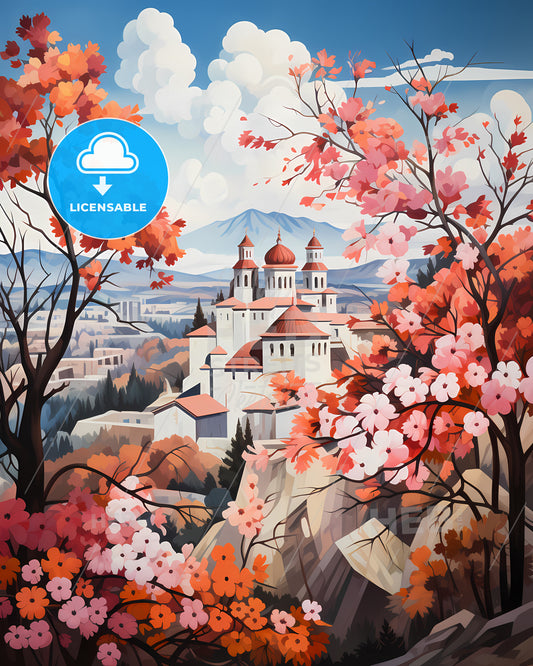 Chișinău, Moldova - A Painting Of A Castle With Red And Pink Flowers