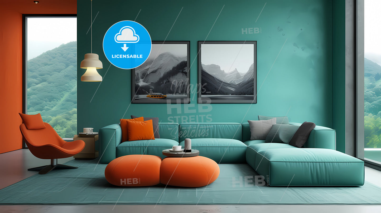 Blue Sofa And Terra Cotta Lounge Chair Against The Wall With Two Art Posters - A Living Room With A Couch And Pictures On The Wall