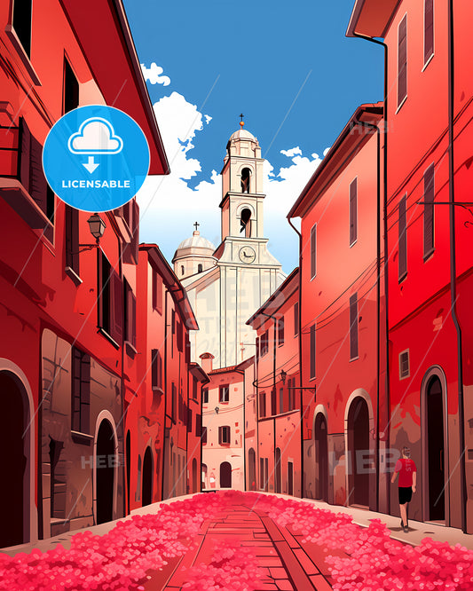 Modena, Italy - A Person Walking Down A Street With A Church In The Background