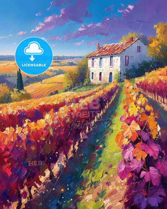 Cahors, France - A Painting Of A House In A Vineyard