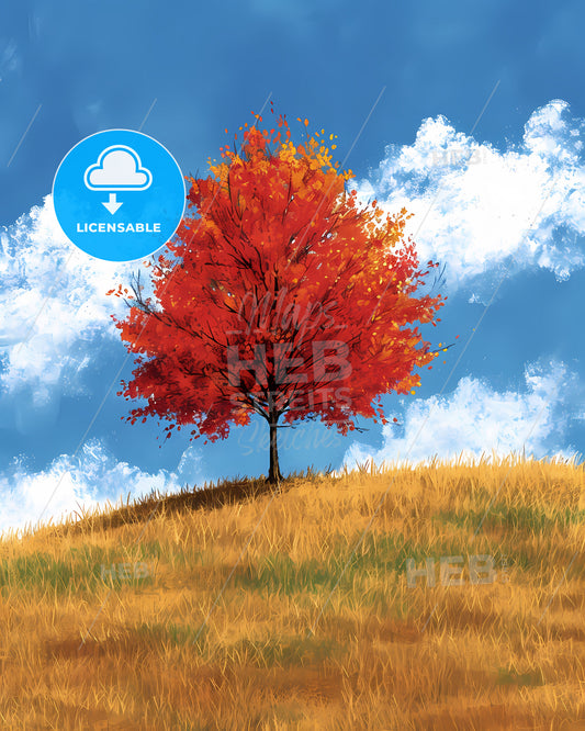 Amidst A Countryside Canvas - A Tree With Red Leaves On A Hill