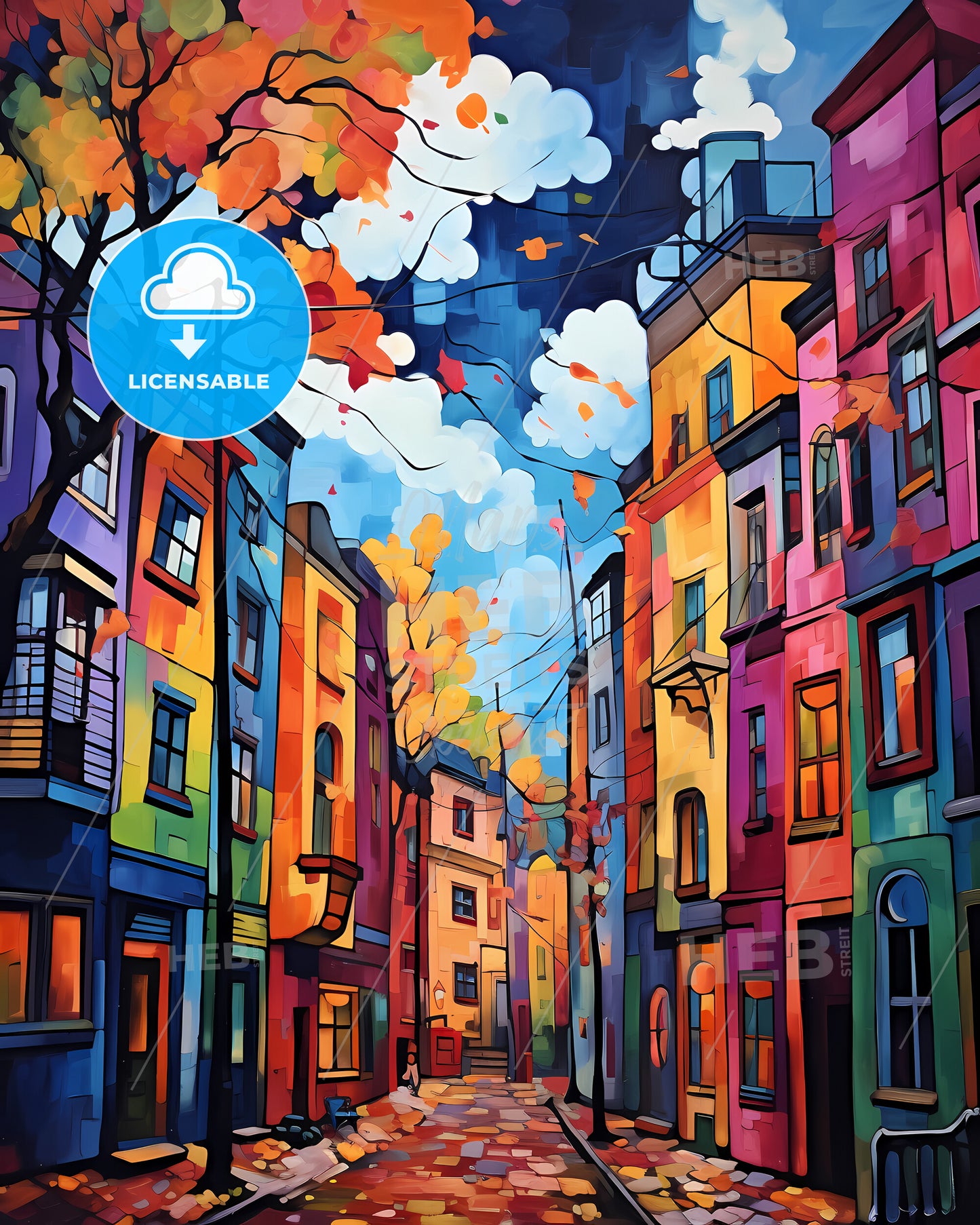 Örebro, Sweden, - A Painting Of A Street With Colorful Buildings