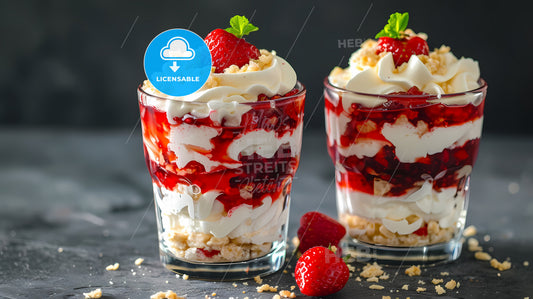 Strawberry Dessert With Cream Cheese And Jam In Glasses - Two Glasses Of Dessert With Strawberries And Whipped Cream