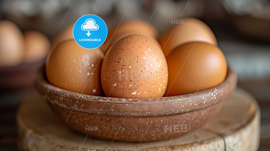 Chicken Eggs In Basket On Table With Blurred Background - A Bowl Of Eggs