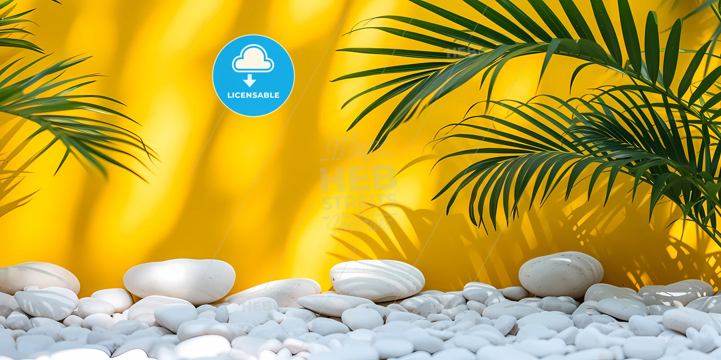 Abstract Summer Yellow Background With Tropical Leaves Shadow And Bright Sunlight - A Palm Tree Leaves And White Rocks