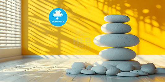 Abstract Summer Yellow Background With Tropical Leaves Shadow And Bright Sunlight - A Stack Of Rocks On A Table