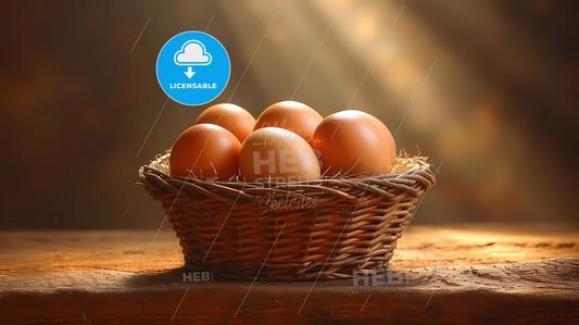 Chicken Eggs In Basket On Table With Blurred Background - A Basket Of Eggs On A Table