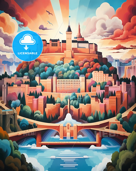 Luxembourg City, Luxembourg - A Painting Of A Castle On A Hill With A Bridge And Trees