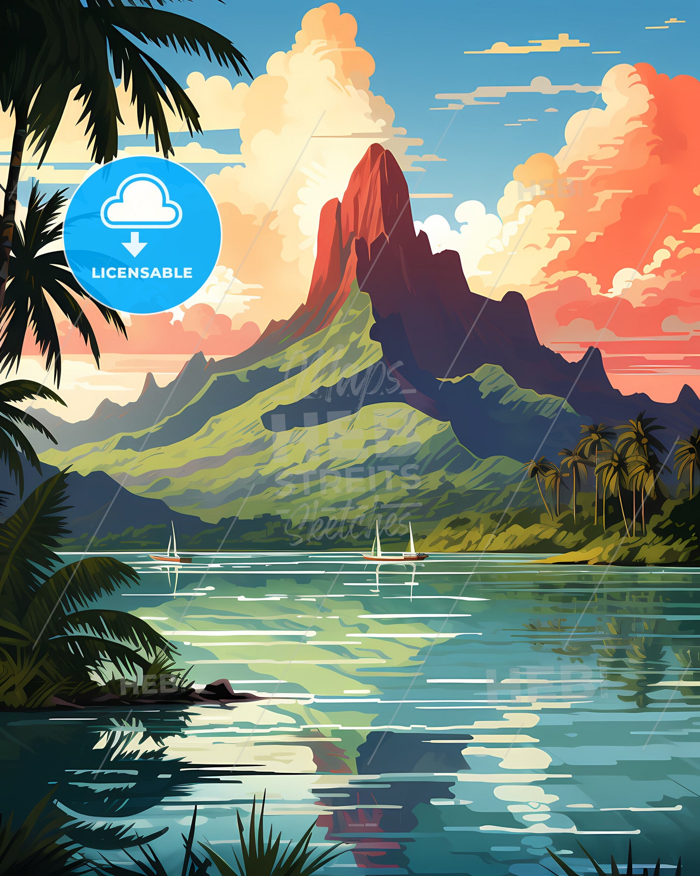 French Polynesia, France - A Painting Of A Mountain And A Body Of Water