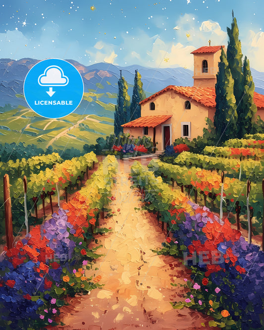 Valle De Guadalupe, Mexico - A Painting Of A House In A Vineyard