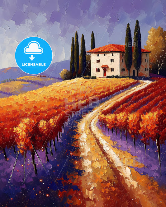 Chianti Classico, Italy - A Painting Of A House In A Vineyard