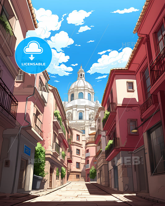 Madrid, Spain - A Street With Buildings And A Dome