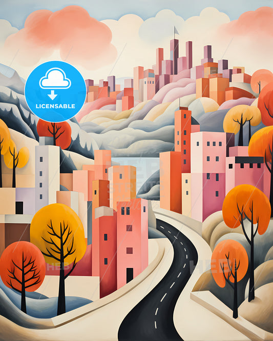 Chișinău, Moldova - A Painting Of A City With Trees And Mountains