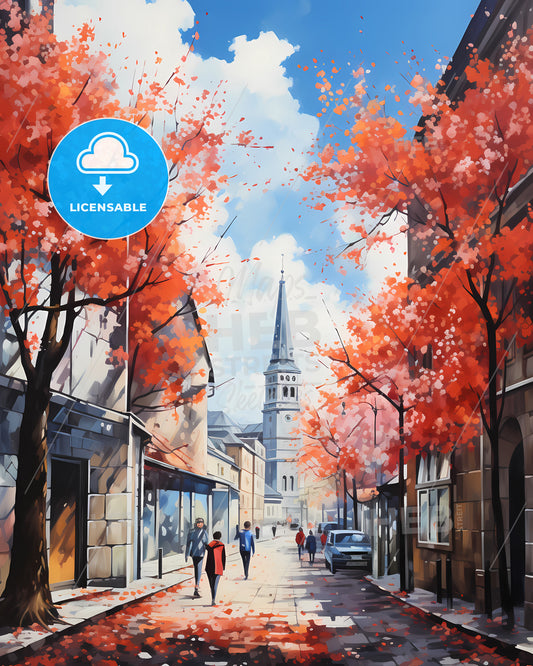 Bratislava, Slovakia - A Street With Trees And People Walking On It