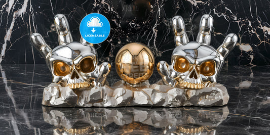 Rock Gesture Mannequin Hand Two Fingers Up And Golden Ball - A Group Of Skulls With A Gold Ball