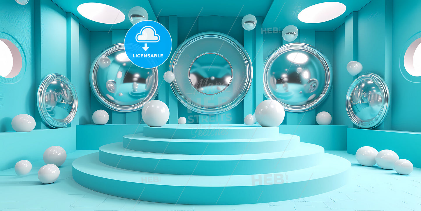 Abstract Minimal Green Geometric Background With Blank Square Card - A Blue Stage With Round Objects And Round Mirrors