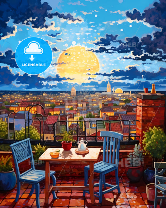 On The Roofs Of Amsterdam - A Painting Of A Rooftop Terrace With A Table And Chairs And A Full Moon In The Sky