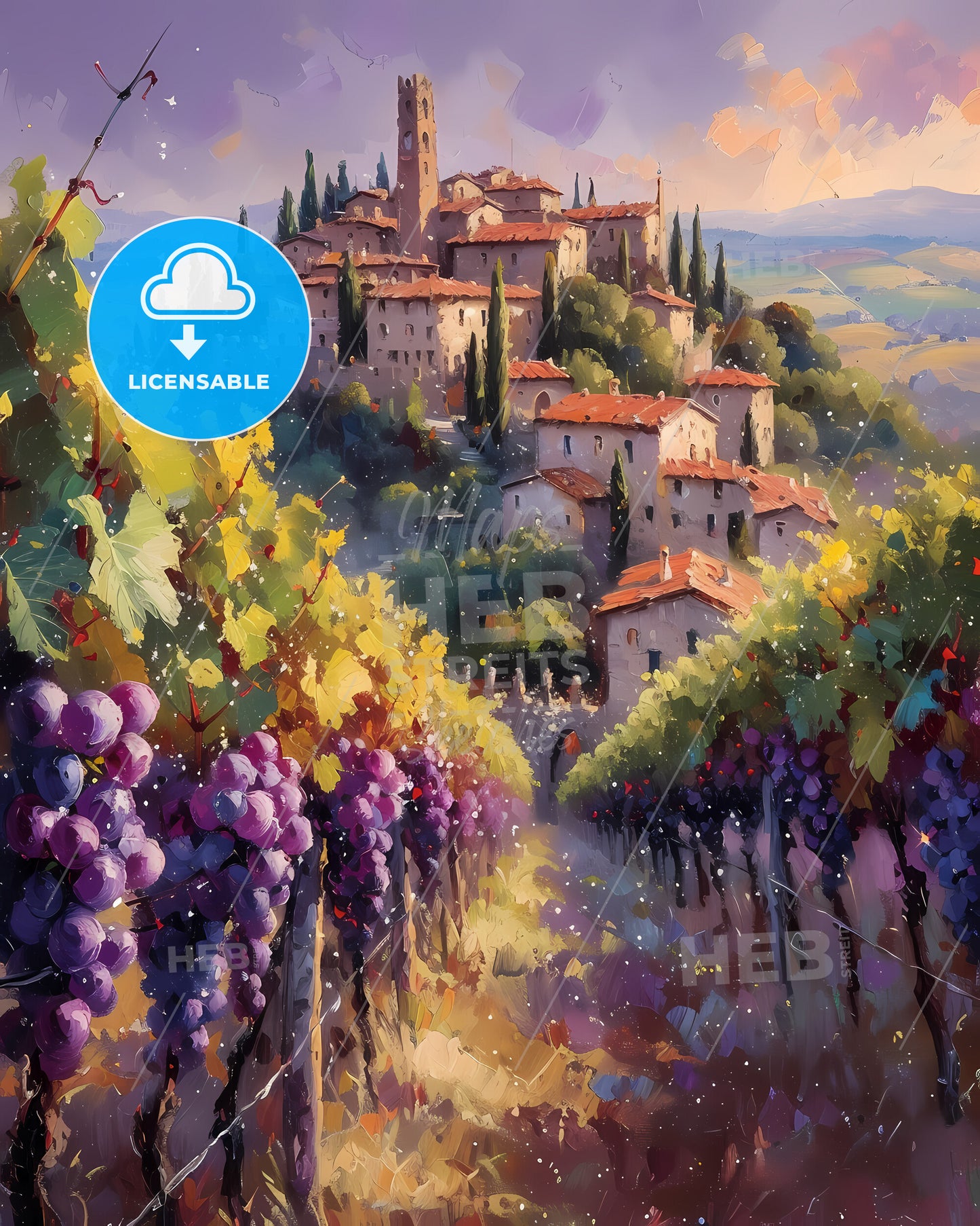Tuscany, Italy - A Painting Of A Town On A Hill With Grapes