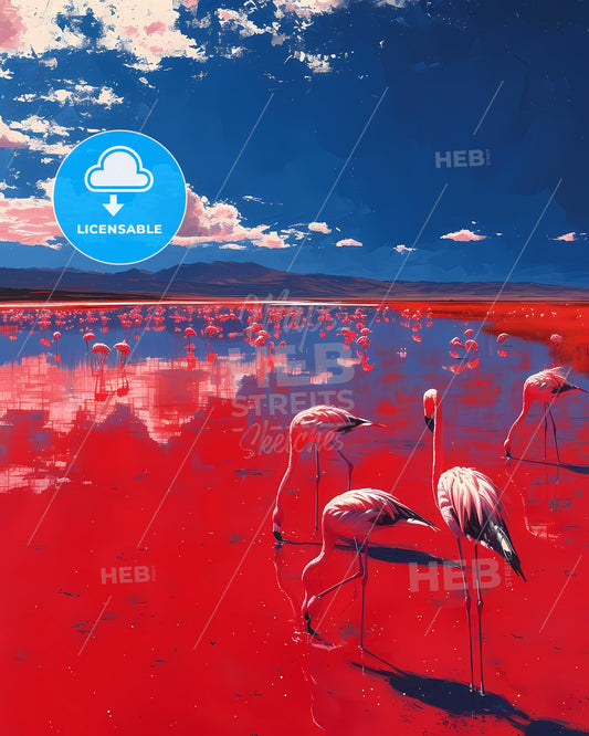 Laguna Colorada, Bolivia - A Group Of Flamingos In A Lake
