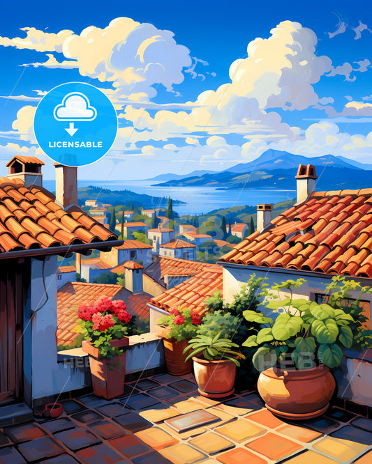 On The Roof Of Corsica, France - A Rooftop Of A Town With Potted Plants And A View Of The Water