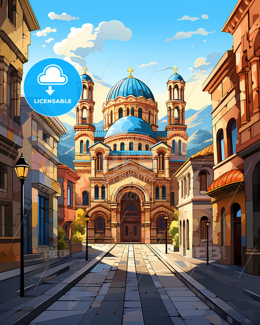 Podgorica, Montenegro - A Street With A Building And A Blue Dome