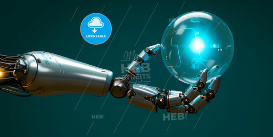 Abstract Metallic Arm Holds Glass Ball With Inner Light, Isolated On Dark Blue Background - A Robot Hand Holding A Glass Ball