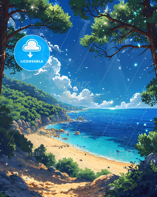 Cala Llenya Beach - A Beach With Trees And A Blue Ocean