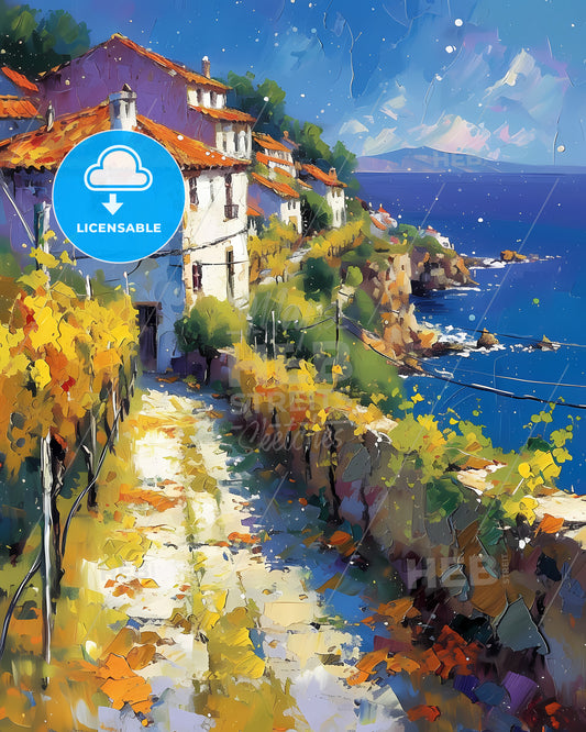 Rí­as Baixas, Spain - A Painting Of A Town On A Cliff By The Ocean