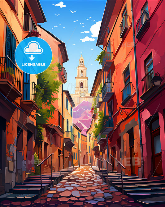 Verona, Italy - A Stone Alleyway With Stairs And Fremont Street Experience In The Background