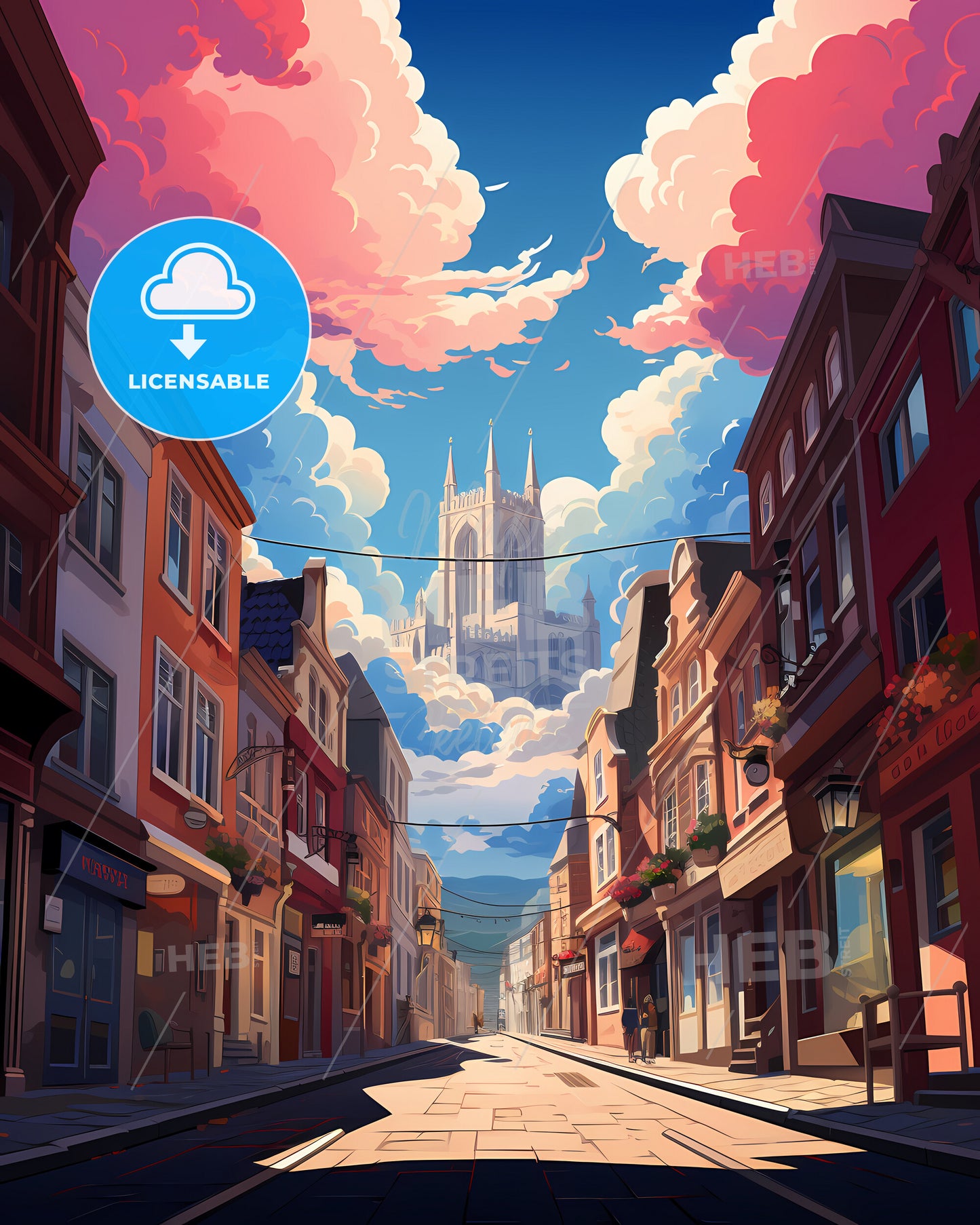 Ghent, Belgium - A Street With Buildings And A Castle In The Sky