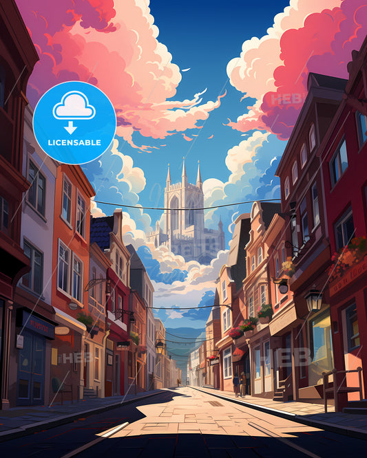 Ghent, Belgium - A Street With Buildings And A Castle In The Sky