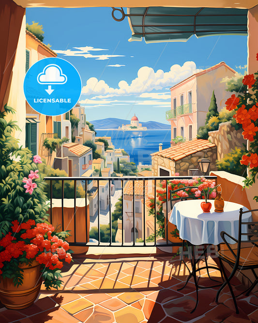 Capri, Italy - A Balcony With A Table And Chairs And Flowers