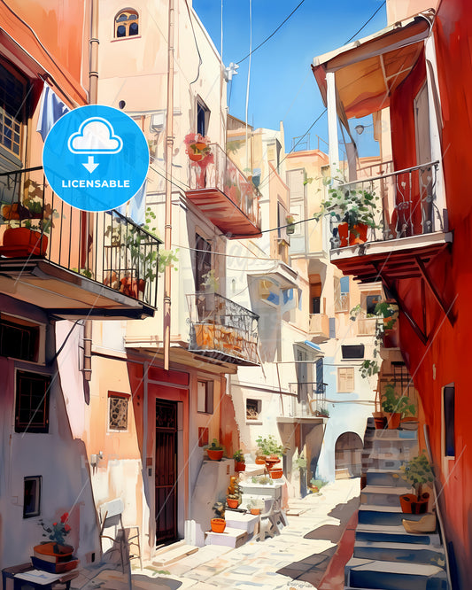 Catania, Italy - A Painting Of A Courtyard With Many Buildings And Plants